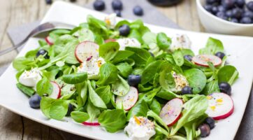 salad with blueberries, radishes, and cheese