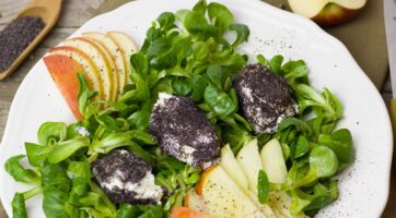 Salad with apple slices and cheese covered in poppy seeds