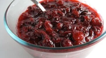 close up picture of a bowl of cranberry sauce