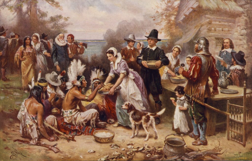 picture of the pilgrims and Native Americans at the first thanksgiving in America