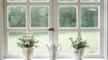 Picture of two vases on a window sill with flowers in them