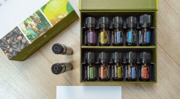Picture of multiple bottles of essential oils, including peppermint oil.